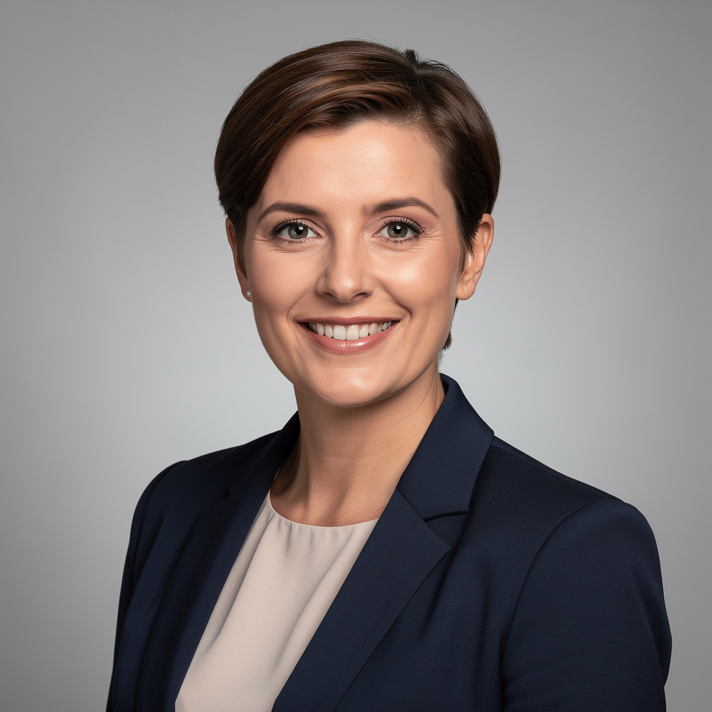 Studio portrait of a woman with short brown hair smiling