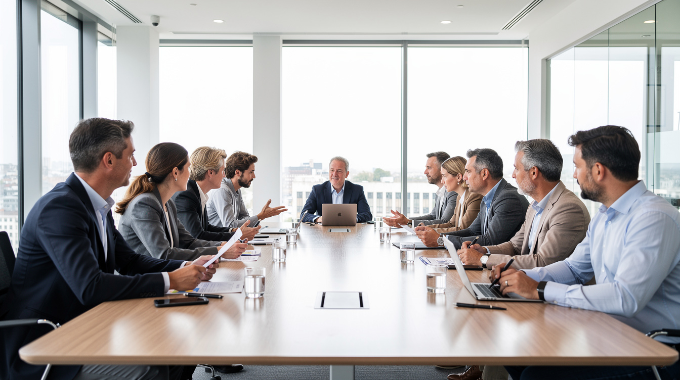 Group of professionals discussing management topics in a bright meeting room